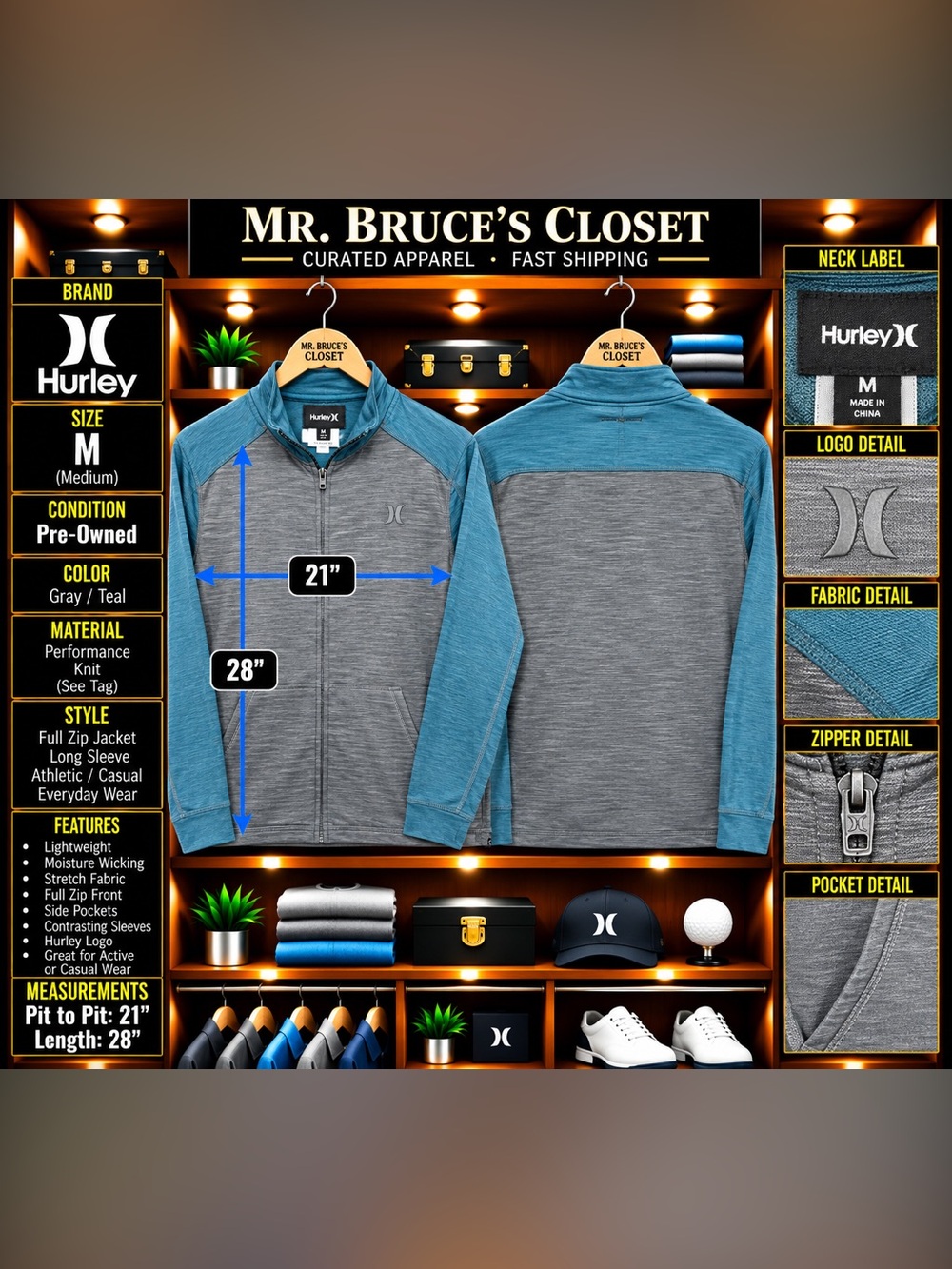 Hurley Gray and Teal Lightweight Zip Jacket
